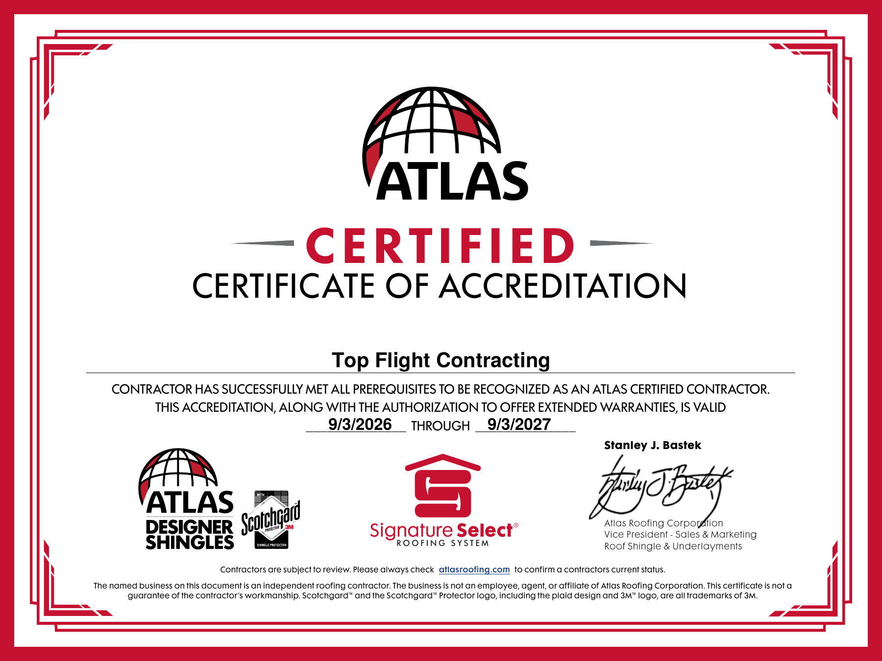 Atlas Certified Contractor certificate of accreditation for Top Flight Contracting, valid September 2026 through September 2027