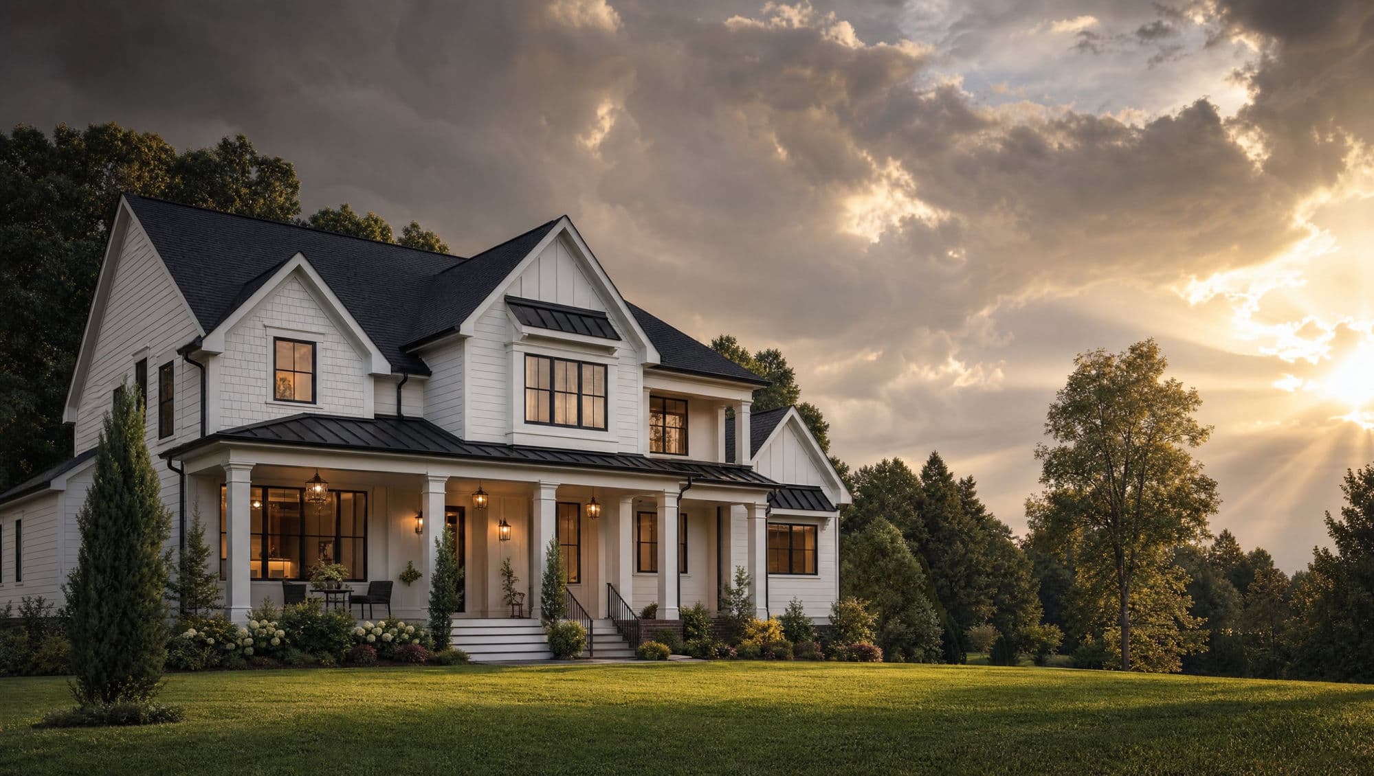 Premium Charlotte home with architectural roofing and Hardie siding at golden hour