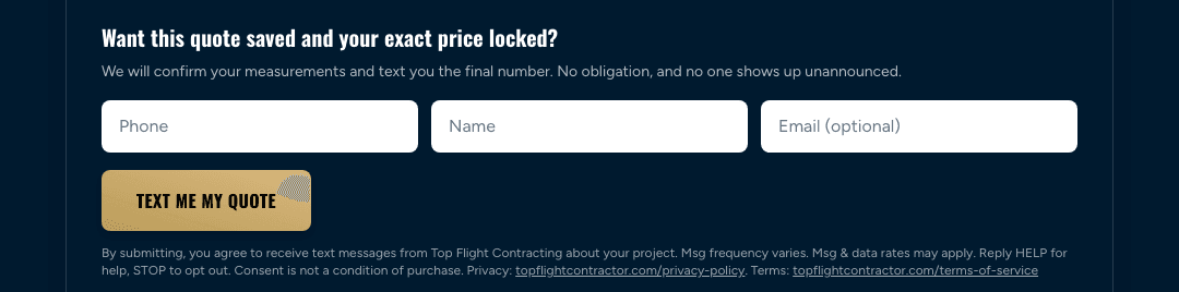The Top Flight Contracting instant quote form with the text message consent shown directly under the submit button
